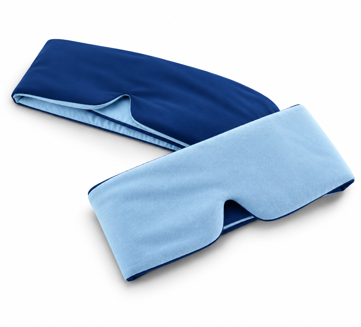 The Lune Mask 3.0 in navy and light blue, showing the cool side and the soft side