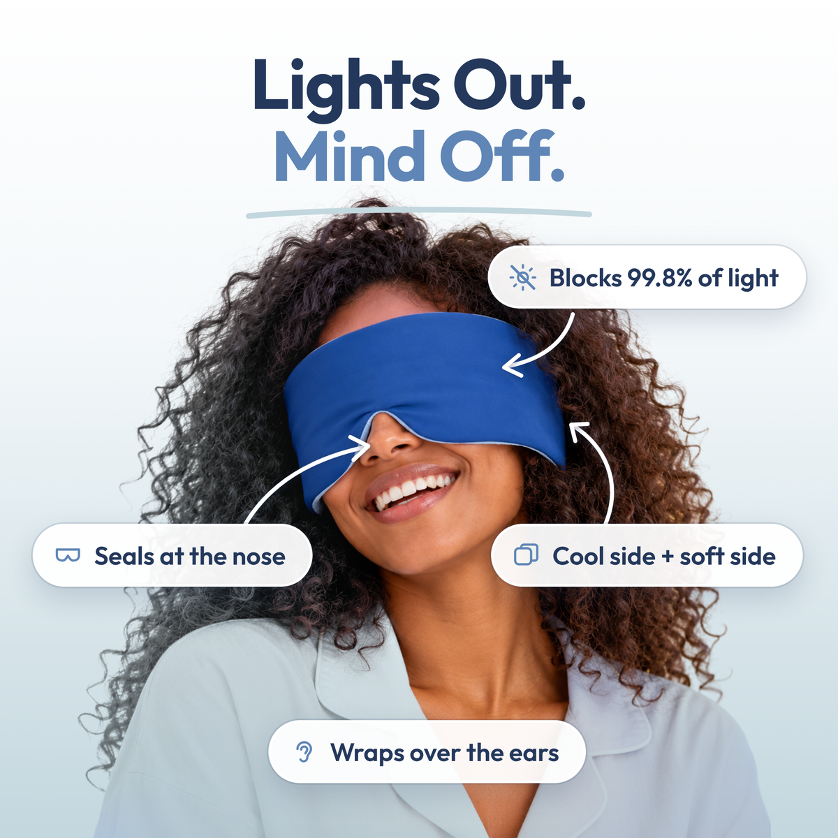 Lune Mask 3.0 callouts: blocks 99.8% of light, seals at the nose, cool side and soft side, wraps over the ears