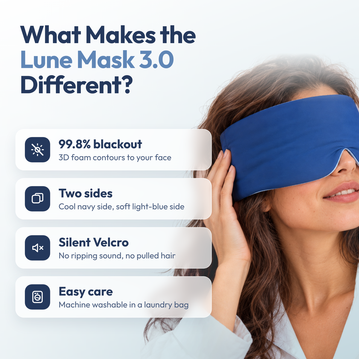 What makes the Lune Mask 3.0 different: 99.8% blackout, two sides, silent Velcro, easy care
