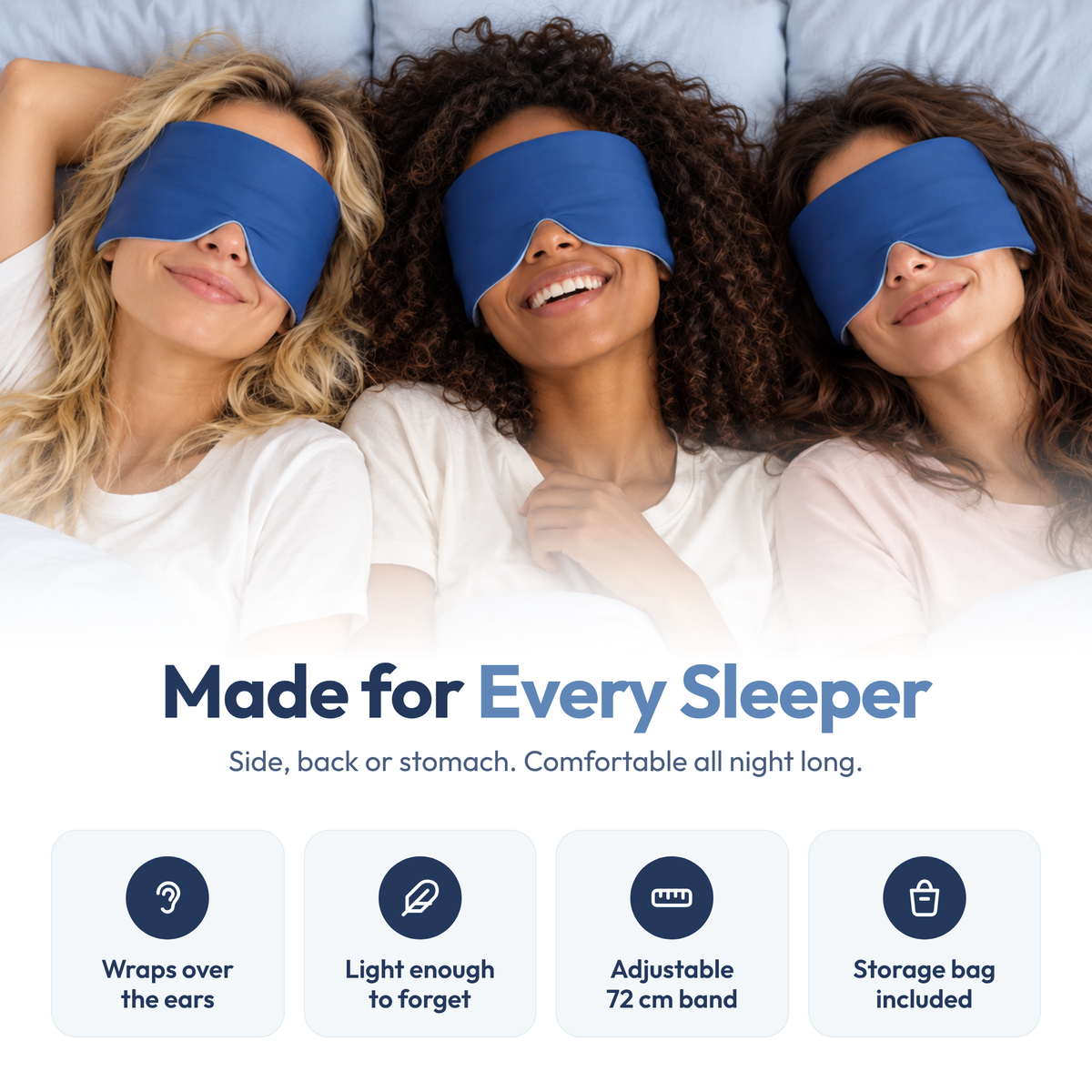 Three women sleeping in the Lune Mask 3.0, made for every sleeper