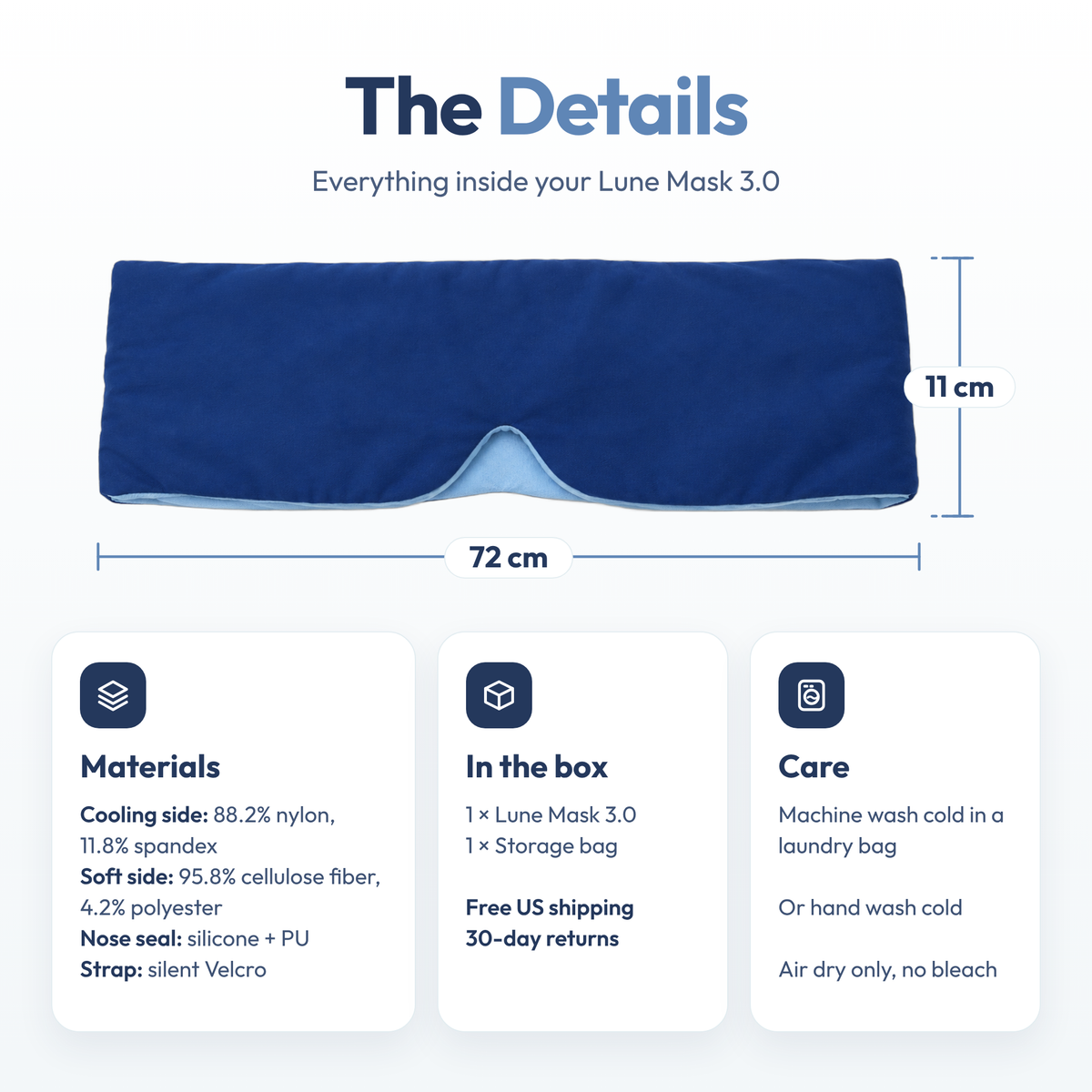 Lune Mask 3.0 details: 72 by 11 cm, materials, what's in the box and care